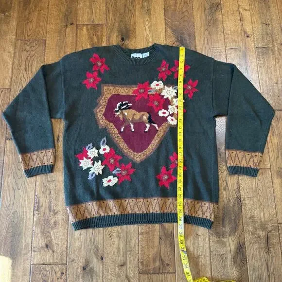 VTG Hand Embroidered Christmas Holiday Ramie Knit Sweater Poinsettia Deer Sz XL - Picture 3 of 6
